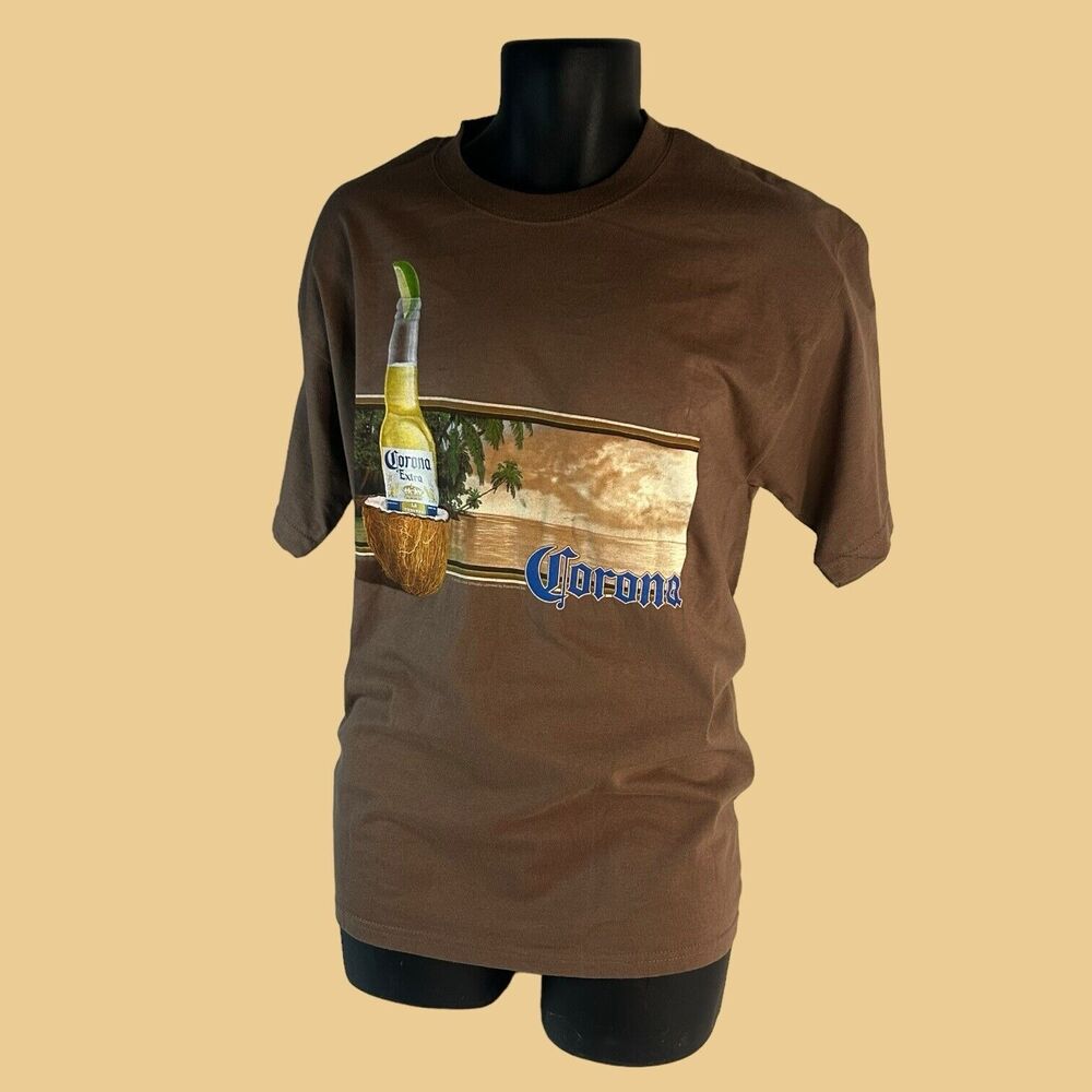 Vintage 90's Corona Men's L Gildan Brown Short Sleeve Colorful Graphic T-Shirt